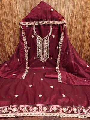 maroon chanderi embroidered unstitched dress materials 3 pair top bottom dupatta 2