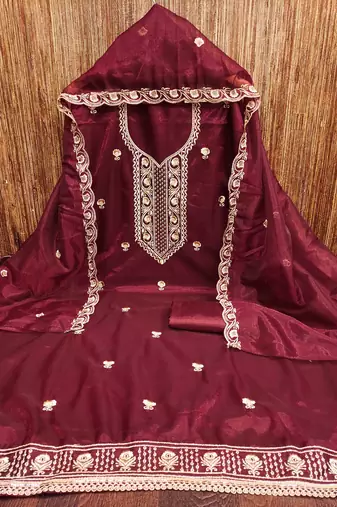maroon chanderi embroidered unstitched dress materials 3 pair top bottom dupatta