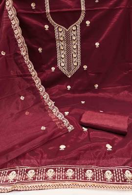 maroon chanderi embroidered unstitched dress materials 3 pair top bottom dupatta 3