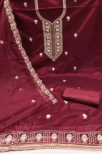 maroon chanderi embroidered unstitched dress materials 3 pair top bottom dupatta