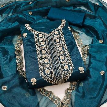 indigo chanderi embroidered unstitched dress materials 3 pair top bottom dupatta 1