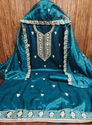 indigo chanderi embroidered unstitched dress materials 3 pair top bottom dupatta 2
