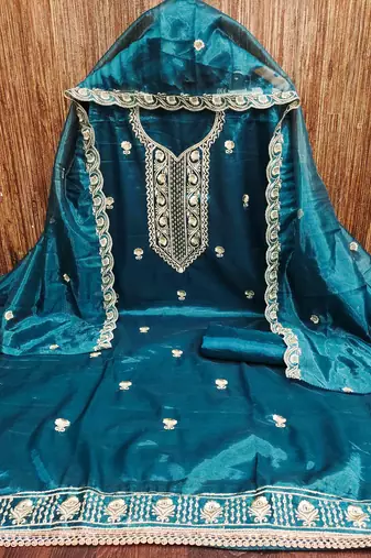 indigo chanderi embroidered unstitched dress materials 3 pair top bottom dupatta