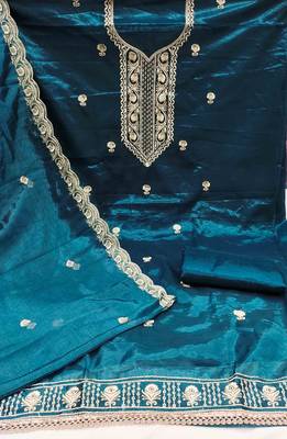 indigo chanderi embroidered unstitched dress materials 3 pair top bottom dupatta 3
