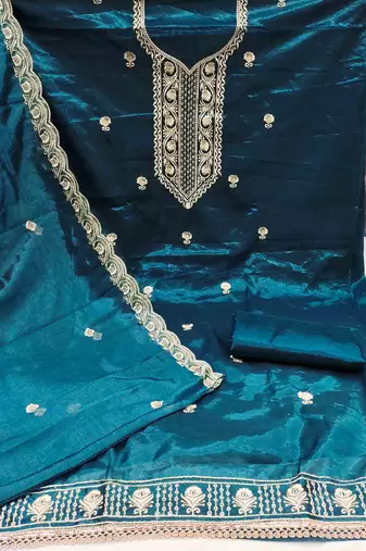 indigo chanderi embroidered unstitched dress materials 3 pair top bottom dupatta