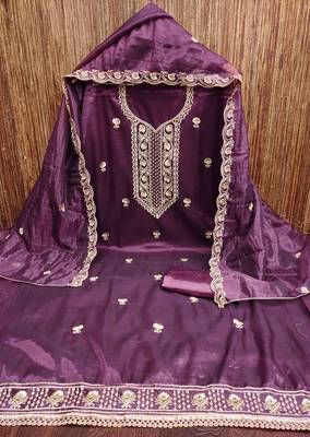 Wine chanderi embroidered unstitched dressmaterials 3 pair top bottom dupptaa 1