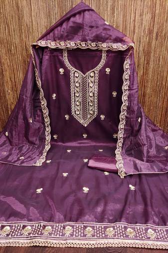 Wine chanderi embroidered unstitched dressmaterials 3 pair top bottom dupptaa