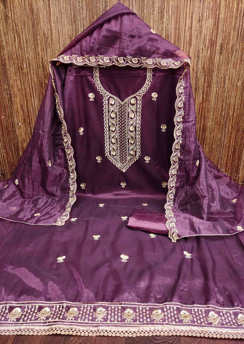 Wine chanderi embroidered unstitched dressmaterials 3 pair top bottom dupptaa