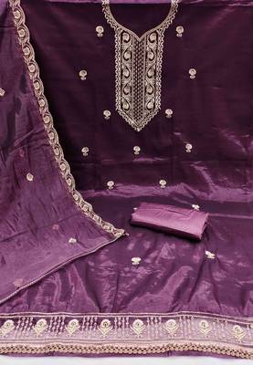 Wine chanderi embroidered unstitched dressmaterials 3 pair top bottom dupptaa 2