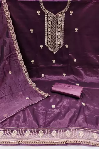 Wine chanderi embroidered unstitched dressmaterials 3 pair top bottom dupptaa