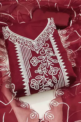 maroon organza embroidered unstitched dressmaterials 3 pair top bottom dupptaa