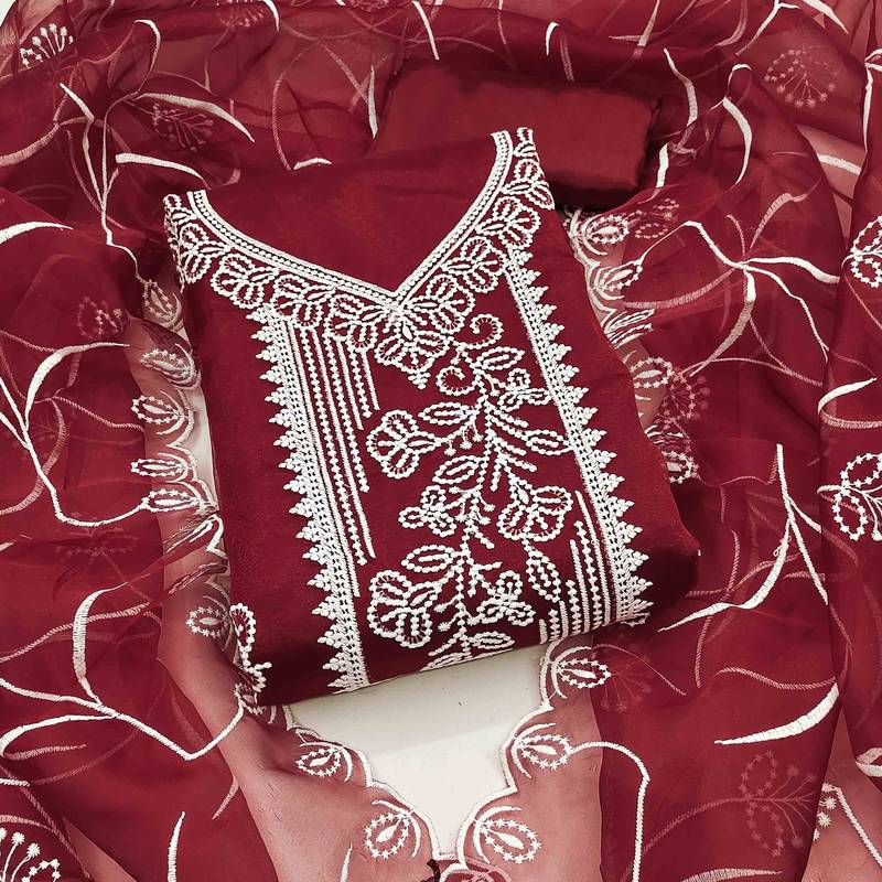 maroon organza embroidered unstitched dressmaterials 3 pair top bottom dupptaa