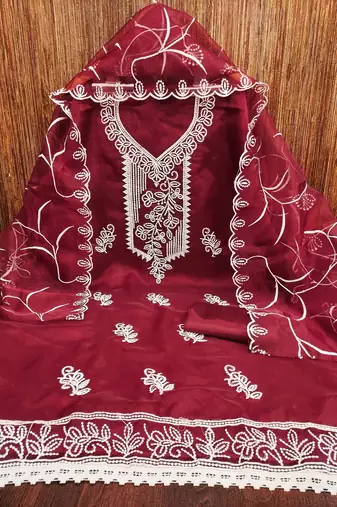 maroon organza embroidered unstitched dressmaterials 3 pair top bottom dupptaa