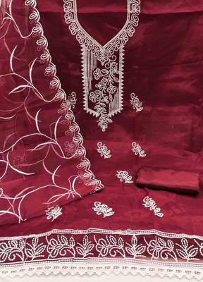 maroon organza embroidered unstitched dressmaterials 3 pair top bottom dupptaa 3