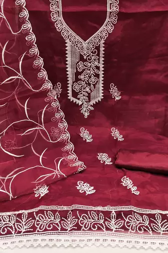 maroon organza embroidered unstitched dressmaterials 3 pair top bottom dupptaa