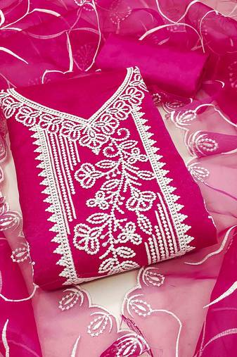 pink organza embroidered unstitched dressmaterials 3 pair top bottom dupptaa