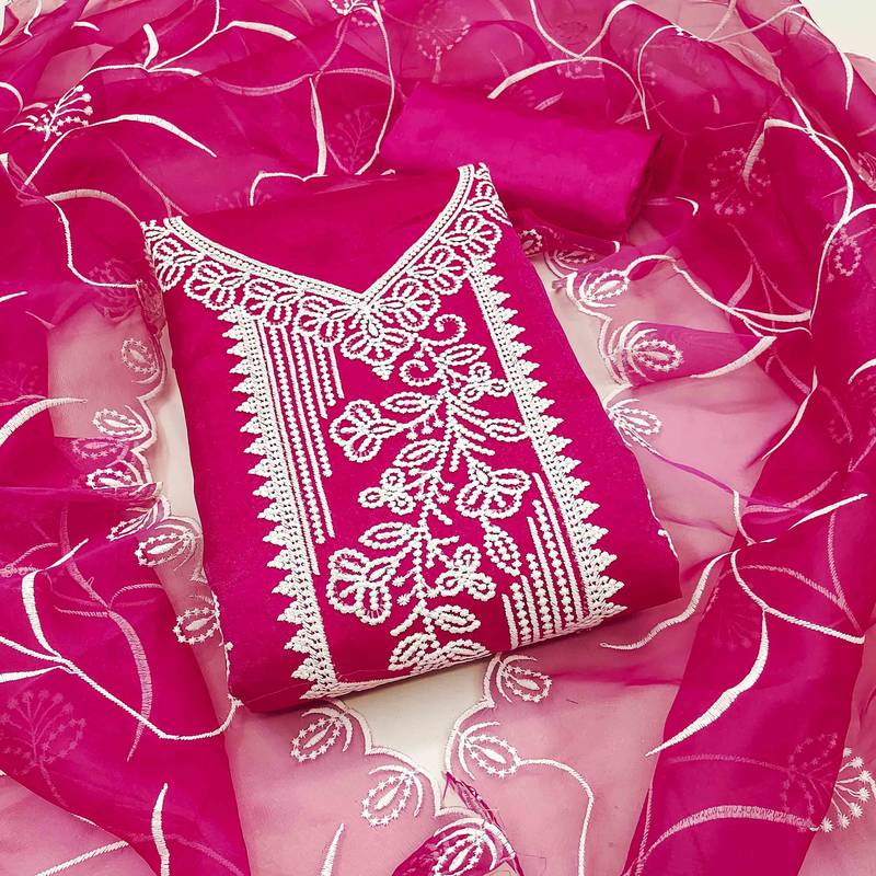 pink organza embroidered unstitched dressmaterials 3 pair top bottom dupptaa