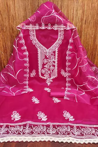 pink organza embroidered unstitched dressmaterials 3 pair top bottom dupptaa