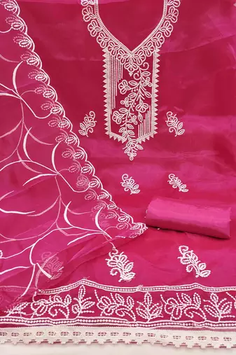 pink organza embroidered unstitched dressmaterials 3 pair top bottom dupptaa