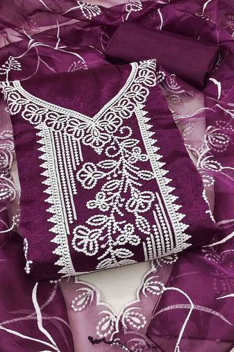 wine organza embroidered unstitched dressmaterials 3 pair top bottom dupptaa