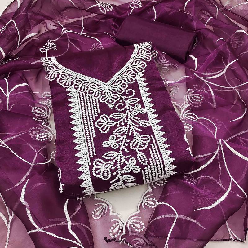 wine organza embroidered unstitched dressmaterials 3 pair top bottom dupptaa