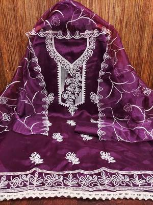 wine organza embroidered unstitched dressmaterials 3 pair top bottom dupptaa 2