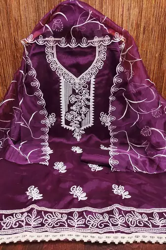 wine organza embroidered unstitched dressmaterials 3 pair top bottom dupptaa