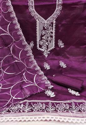 wine organza embroidered unstitched dressmaterials 3 pair top bottom dupptaa 3
