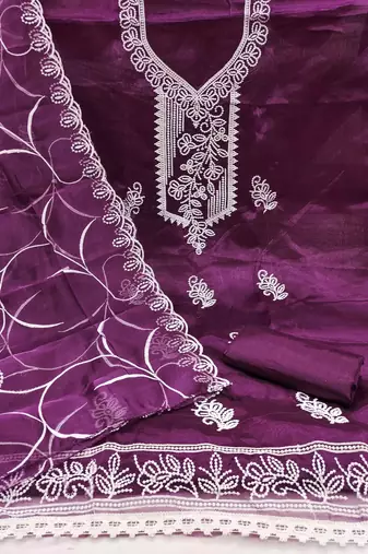 wine organza embroidered unstitched dressmaterials 3 pair top bottom dupptaa