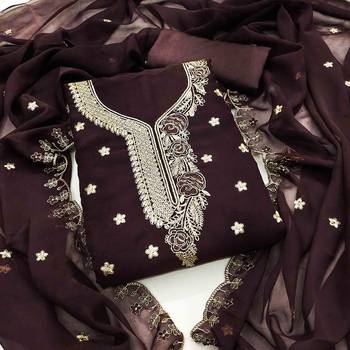 brown georgette embroidered unstitched dressmaterials 3 pair top bottom dupptaa 1