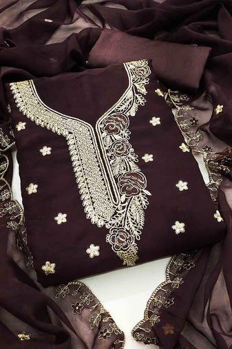 brown georgette embroidered unstitched dressmaterials 3 pair top bottom dupptaa