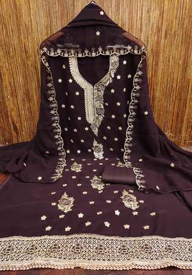 brown georgette embroidered unstitched dressmaterials 3 pair top bottom dupptaa 2