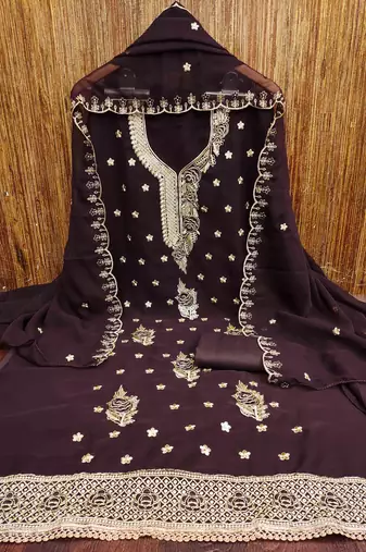 brown georgette embroidered unstitched dressmaterials 3 pair top bottom dupptaa