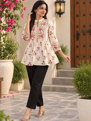 Women floral printed thread work floral kurta 1