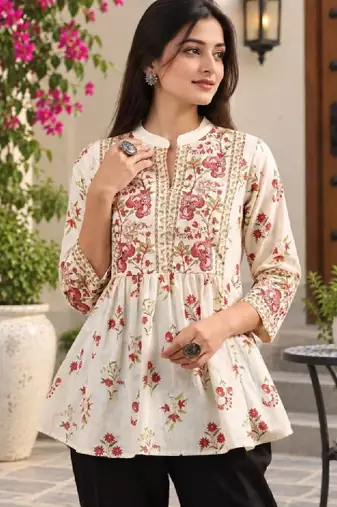 Women floral printed thread work floral kurta