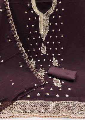 brown georgette embroidered unstitched dressmaterials 3 pair top bottom dupptaa 3