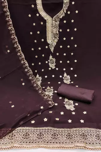 brown georgette embroidered unstitched dressmaterials 3 pair top bottom dupptaa