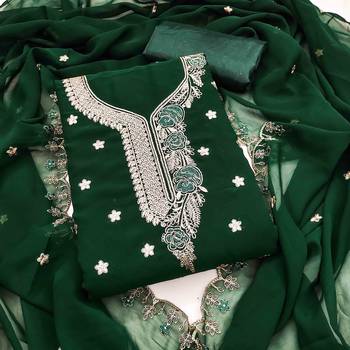 green georgette embroidered unstitched dressmaterials 3 pair top bottom dupptaa 1