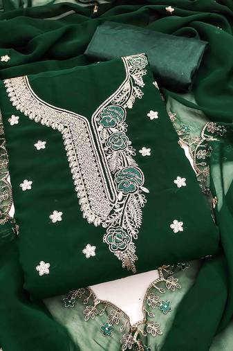 green georgette embroidered unstitched dressmaterials 3 pair top bottom dupptaa