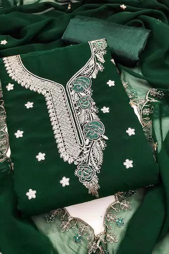 green georgette embroidered unstitched dressmaterials 3 pair top bottom dupptaa