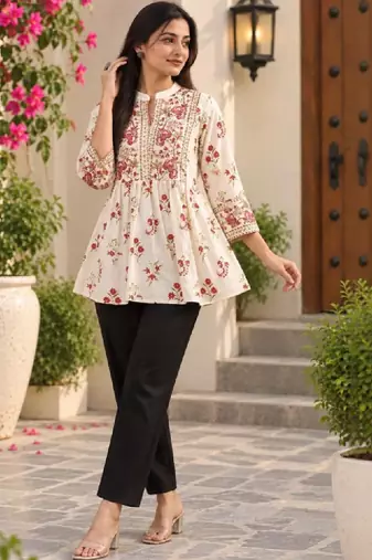 Women floral embroidered thread work floral kurta