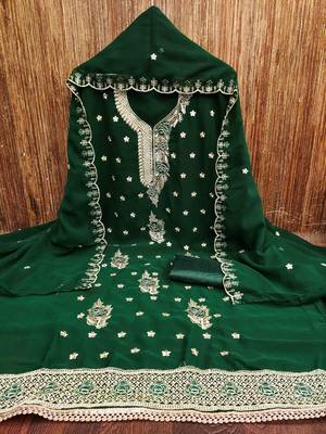 green georgette embroidered unstitched dressmaterials 3 pair top bottom dupptaa 2