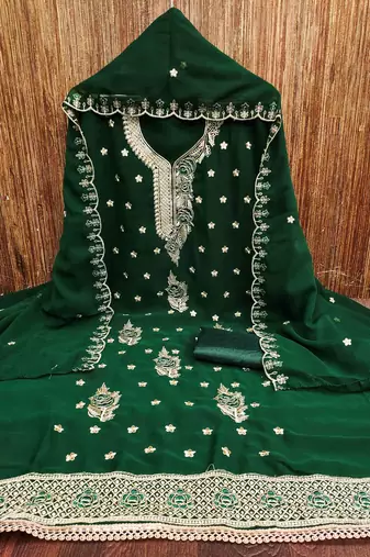 green georgette embroidered unstitched dressmaterials 3 pair top bottom dupptaa