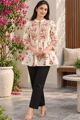 Women floral embroidered thread work floral kurta