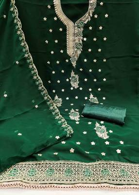 green georgette embroidered unstitched dressmaterials 3 pair top bottom dupptaa 3