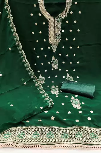 green georgette embroidered unstitched dressmaterials 3 pair top bottom dupptaa