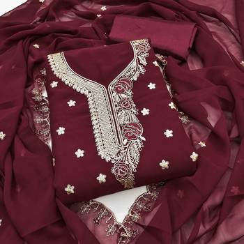 maroon georgette embroidered unstitched dressmaterials 3 pair top bottom dupptaa 1