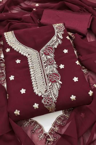 maroon georgette embroidered unstitched dressmaterials 3 pair top bottom dupptaa