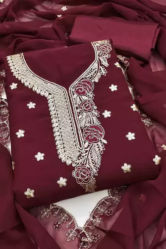 maroon georgette embroidered unstitched dressmaterials 3 pair top bottom dupptaa