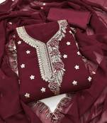 maroon georgette embroidered unstitched dressmaterials 3 pair top bottom dupptaa
